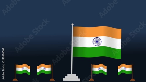National flag of india waving on a pole with small decorative flags on a dark blue background representing patriotism and national pride for the country