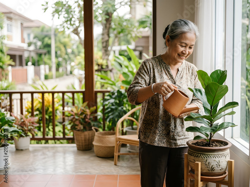 Senior woman watering a familiar houseplant as part of a calm daily