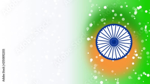 Indian flag ashoka chakra wheel symbol with orange white and green colors and glowing bokeh lights for national holiday celebration and patriotic background