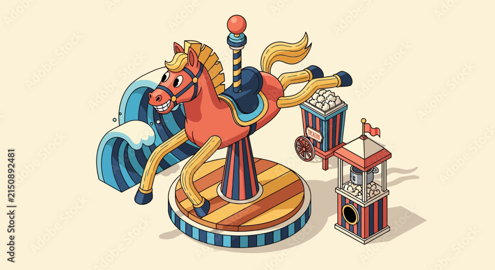Fototapeta premium Amusing carousel horse and vintage popcorn cart illustration