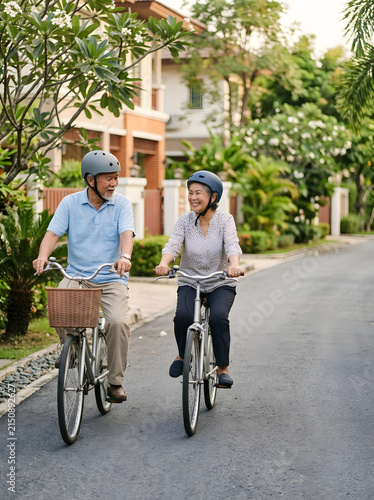 Senior couple cycling slowly on a safe neighborhood path