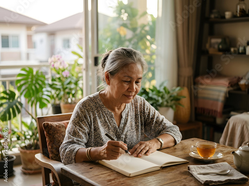 Senior woman journaling quietly beside a cup of tea page blank