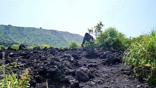 Plakat 東京都伊豆諸島伊豆大島の三原山と手前に広がるアア溶岩流の火山景観