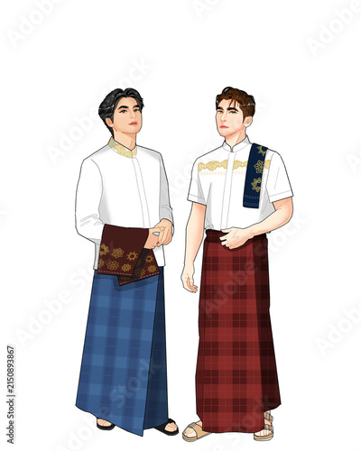 Fotografie An illustration of two muslim man wearing white shirt, red sarong, and blue saro
