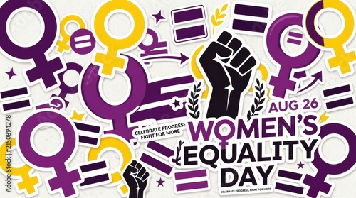 Womens equality day celebration banner with raised fist symbol and female gender signs in purple and yellow colors