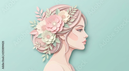 Beautiful woman profile portrait with layered paper flowers in her hair