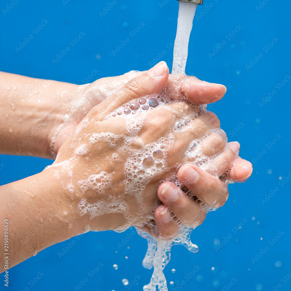 Fototapeta premium Washing hands with soap bubbles on blue background