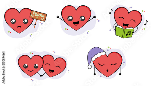 Cute red hearts with different emotions.