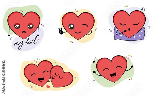 Cute red hearts with different emotions.