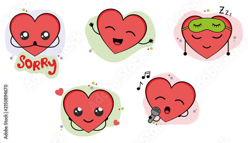 Cute red hearts with different emotions.