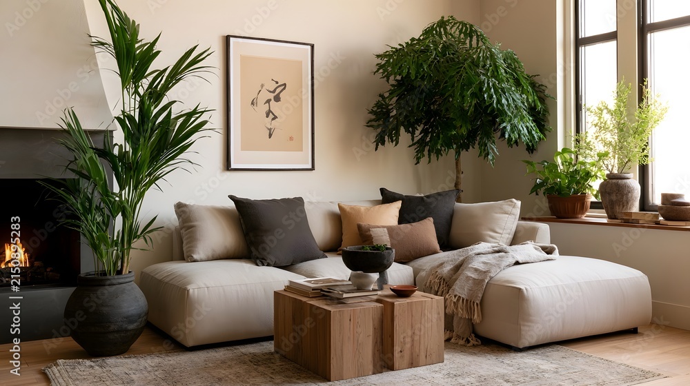 Obraz premium A cozy living room featuring a beige sectional sofa wooden coffee table and lush green plants under natural light