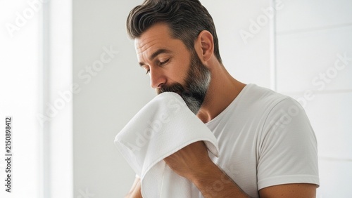 Handsome Mature Man Drying His Face with a White Towel during Morning Grooming Routine in Bathroom
