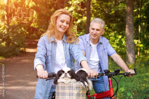 Photography Mature Couple Cycling with a Small Dog in a Bicycle Basket