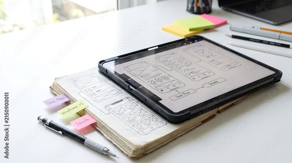 Obraz premium Tablet Notebook Sticky Notes Desk