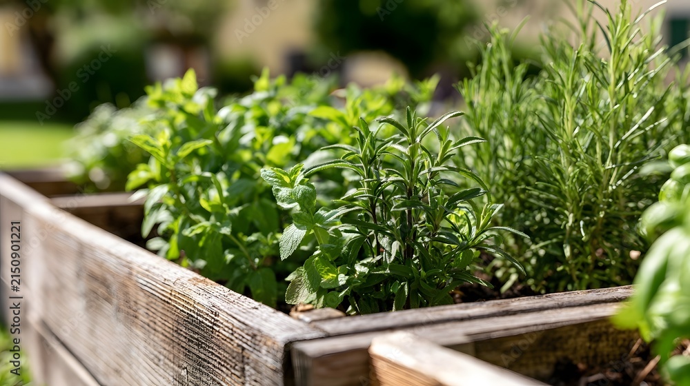 Obraz premium Fresh green herbs growing in wooden raised garden beds under bright sunlight with blurred natural background