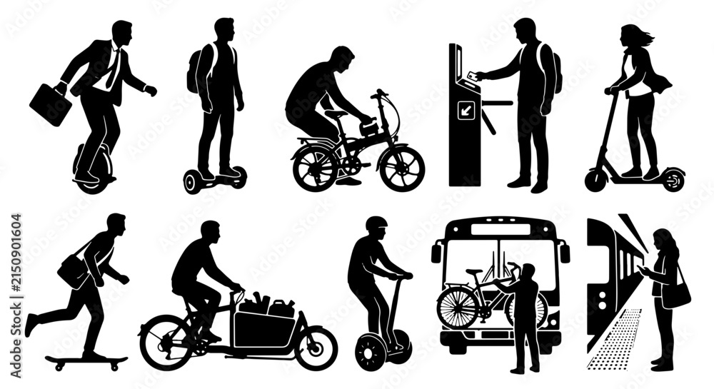 Obraz premium Urban Mobility Icons Set: Diverse People Using Eco-Friendly Transport, Electric Scooters, Bikes, and Segways for City Commutes