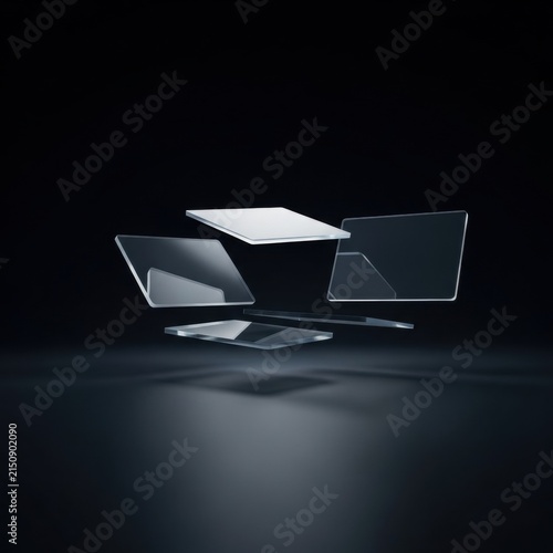 Abstract 3D rendering of transparent glass rectangular panels floating in a dark studio space with soft light reflections and refractions on a black background.