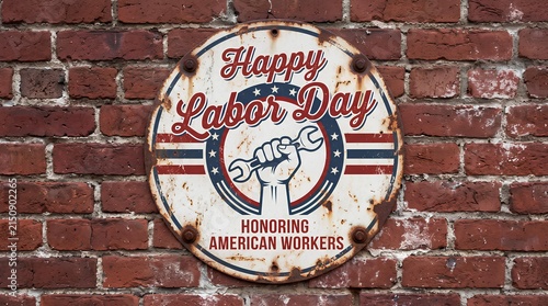 Vintage Labor Day sign on red brick wall background.
