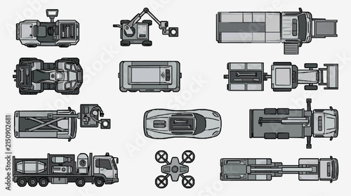 Sleek Black and White Line Drawing Top Down Views of Various Modern Vehicles and Drones with high quality professional line art symbols for modern creative design and digital branding projects