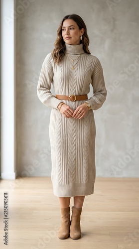 Elegant woman in a beige cable knit sweater dress with a brown leather belt
