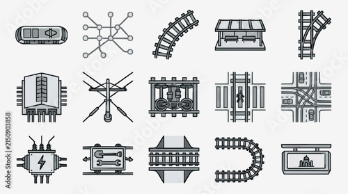 Minimalist Black and White Icons Set of Railway and Electrical Infrastructure Elements with Clean Line Art