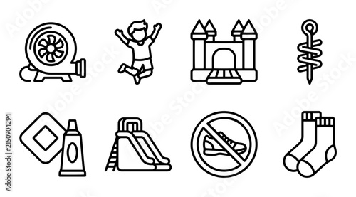 Bouncy castle and playground fun icons outline solid styles, UI and web interface.