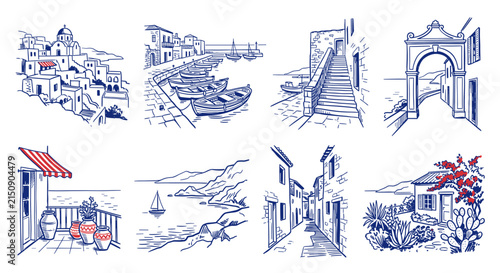 Set of charming Greek coastal landscapes and Mediterranean village architecture, hand-drawn line art vector illustrations for travel branding and stationery.