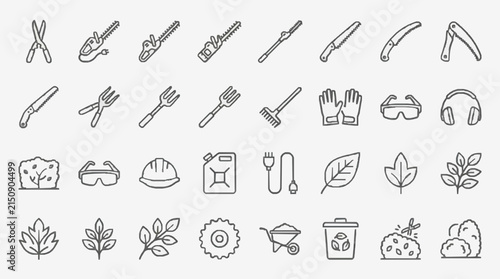 Clean Minimalist Black and White Line Drawing Icons Set of Gardening Landscaping and Safety Tools
