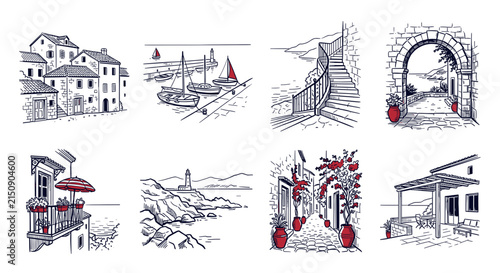 Set of 8 Mediterranean coastal scenes and village architecture icons, hand-drawn minimalist line art vector illustrations for travel branding.