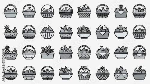 Clean Minimalist Line Drawing Icons of Various Fresh Fruits and Vegetables in Woven Baskets and Containers