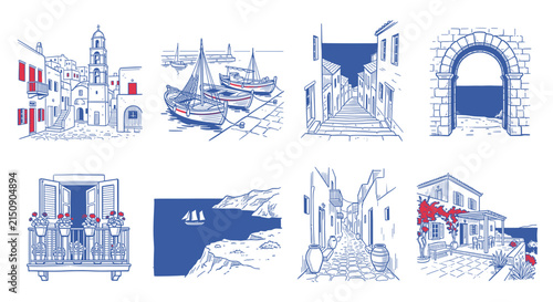 Set of 8 idyllic Greek island landscapes and architectural details, hand-drawn line art illustrations for travel branding and decorative web vector.