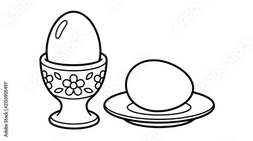 Foto Line art illustration of a hard-boiled egg in an egg cup and another egg on a pl