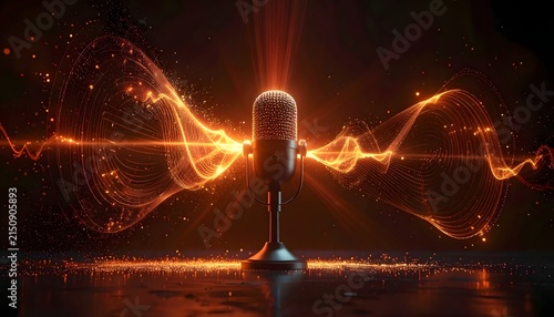 Retro Microphone with Glowing Glowing Audio Waves and Golden Sparks in Dark Studio.