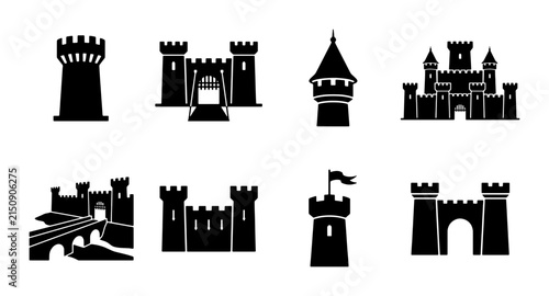 Medieval Castle Icons Set, Fortress Silhouette Collection, Royal Citadel Vector Graphics, Fantasy Kingdom Architecture Symbols