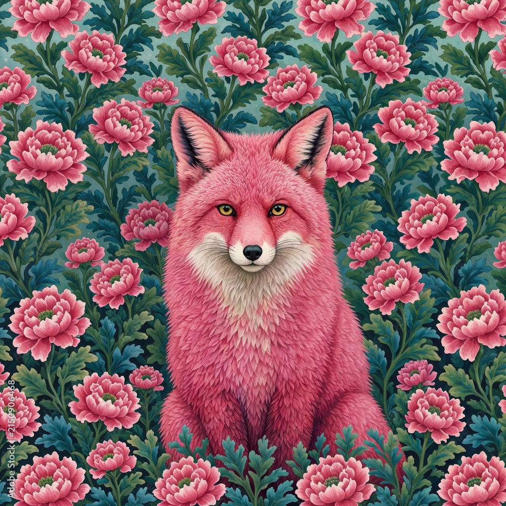 Fototapeta premium Pink Fox Portrait Surrounded by Whimsical Floral Flower Pattern