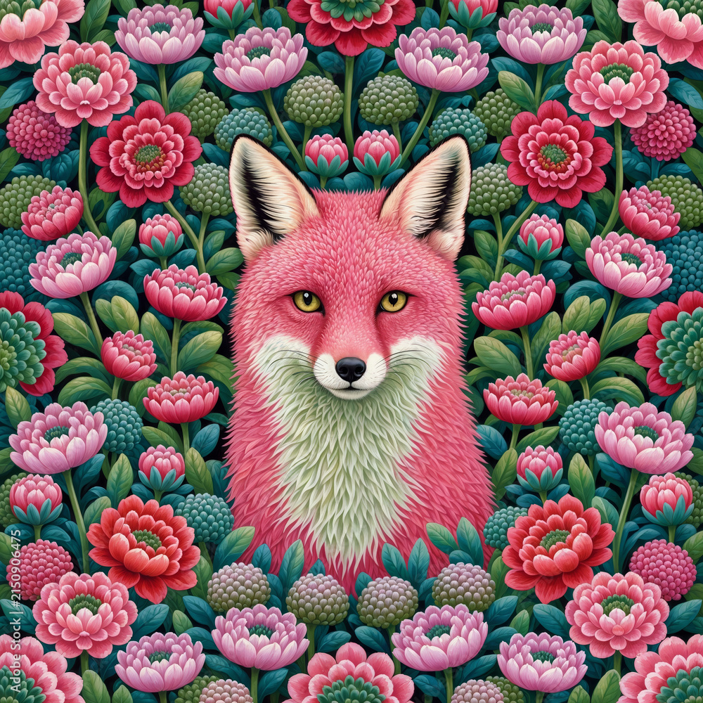 Fototapeta premium Pink Fox Portrait Surrounded by Whimsical Floral Flower Pattern