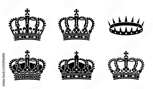 Canvas Print Royal Crown Icons Set, Majestic Regal Symbols, Ornate Heraldic Emblems, Black an