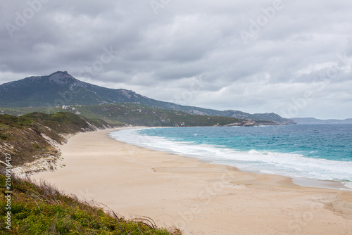 Quadro su tela Coastal beach scene featuring a sandy shoreline, rocky headland and gentle ocean waves under cloudy natural light
