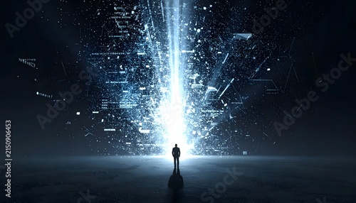 Futuristic Silhouette Standing in Front of glowing Digital Data Stream Structure.