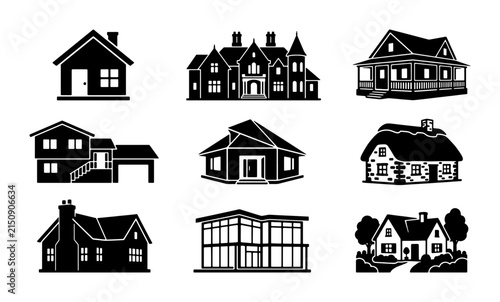 Diverse Residential Building Silhouettes, Architectural Styles Collection, Modern and Traditional House Icons, Real Estate Vector Graphics