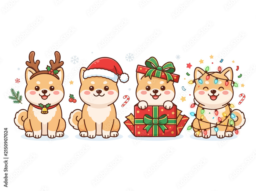 Fototapeta premium Four adorable cartoon Shiba Inu dogs celebrating Christmas with festive costumes and decorations.
