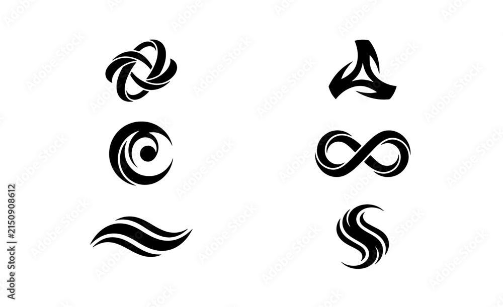 Fototapeta premium Abstract Swirls and Infinity Symbol Vector Icons, Modern Geometric Shapes, Minimalist Black and White Logo Elements for Branding and Design