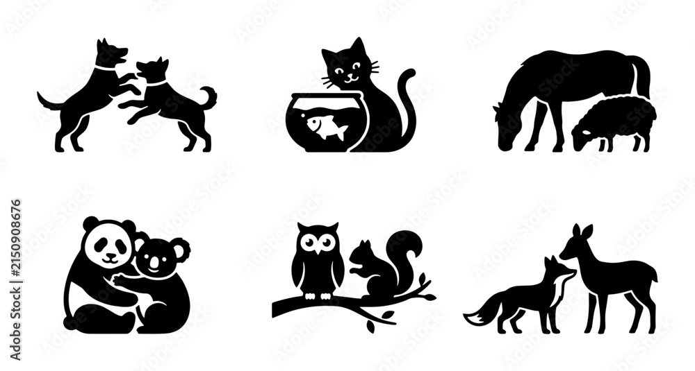Fototapeta premium Adorable Animal Silhouettes: 6 Vector Icons for Pet Lovers, Wildlife Enthusiasts, and Nature Graphics