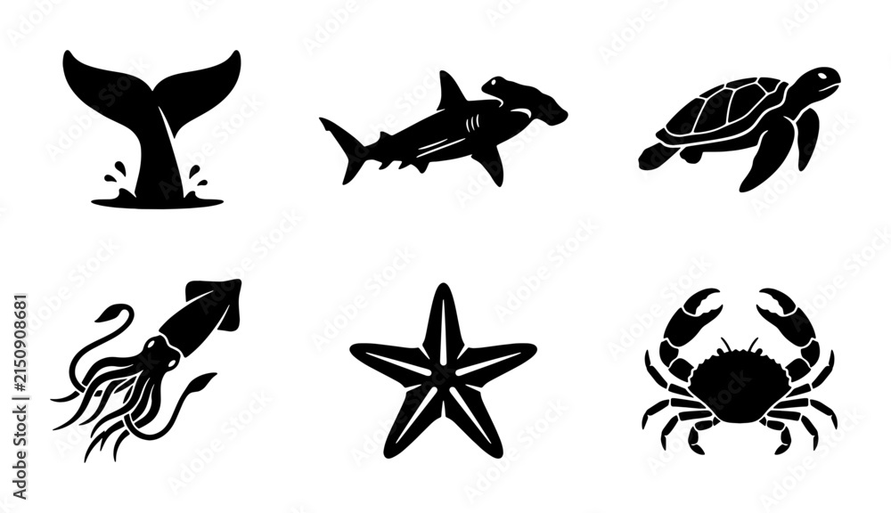 Fototapeta premium Nautical Wildlife Icons Set: Whale Tail, Hammerhead Shark, Sea Turtle, Squid, Starfish, Crab Vector Graphics for Marine Life and Ocean Themes