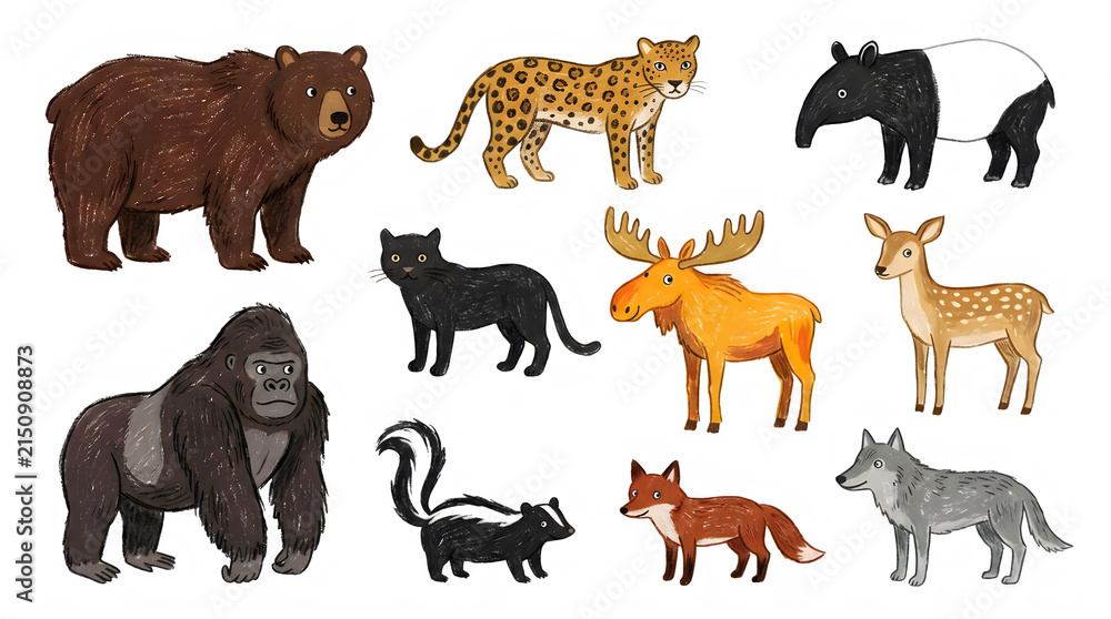 Obraz premium Set of cute pixel art wild animals including bear leopard gorilla moose deer wolf fox and skunk