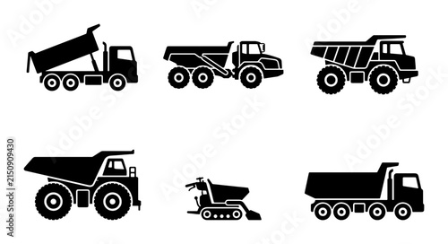 Set of 6 Black Silhouette Dump Trucks and Construction Vehicles, Heavy Machinery Icons, Industrial Transport Vector Graphics for Commercial Use
