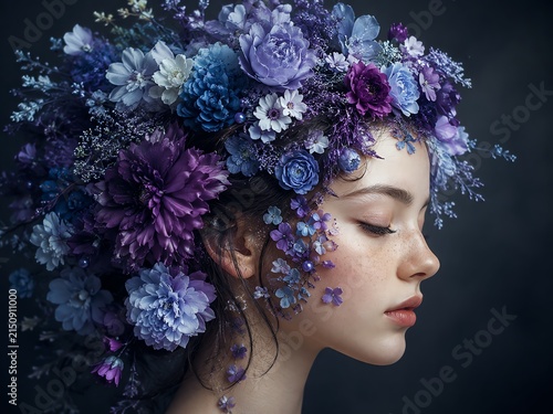 Young woman with closed eyes wearing an elaborate blue and purple floral crown.