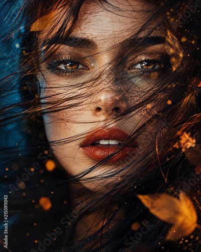 Young woman with amber eyes and freckles gazing intensely through windblown dark hair.
