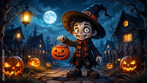 Halloween child in witch costume holding candy bucket among glowing pumpkins under a full moon.