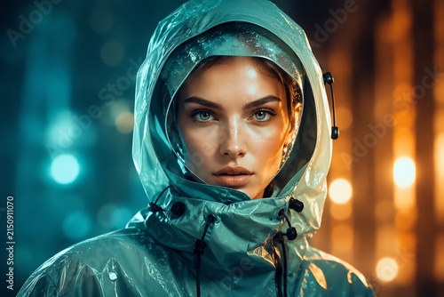 Young woman in teal hooded raincoat and clear visor gazing confidently under dramatic lights.